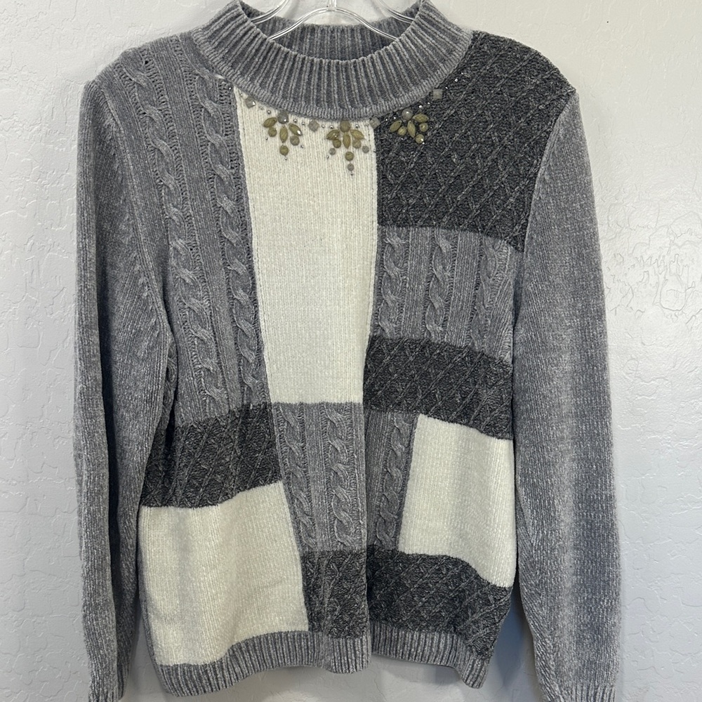 Gray Patchwork Sweater beaded womens Petite XL knit m grandma granny core soft